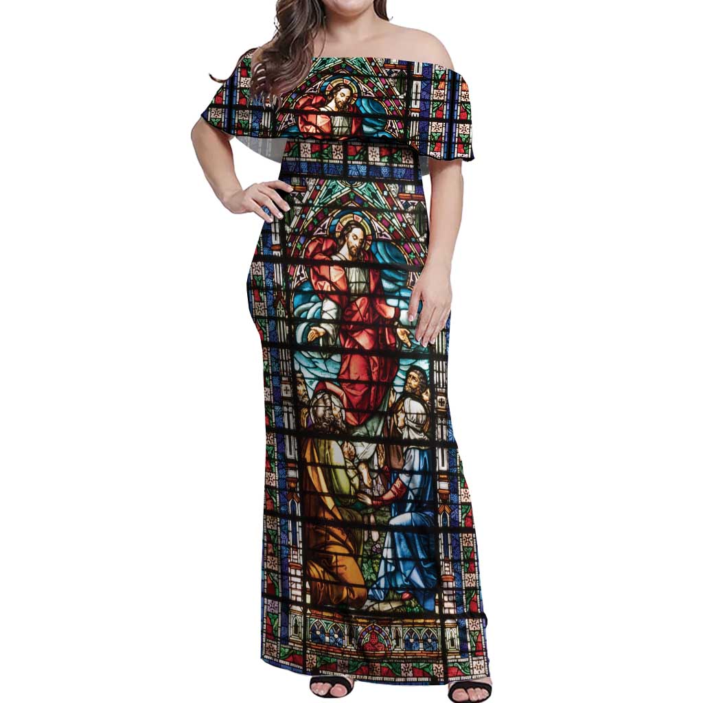 Happy Ascension Day Off Shoulder Maxi Dress Faith and Religion Stained Glass Windows