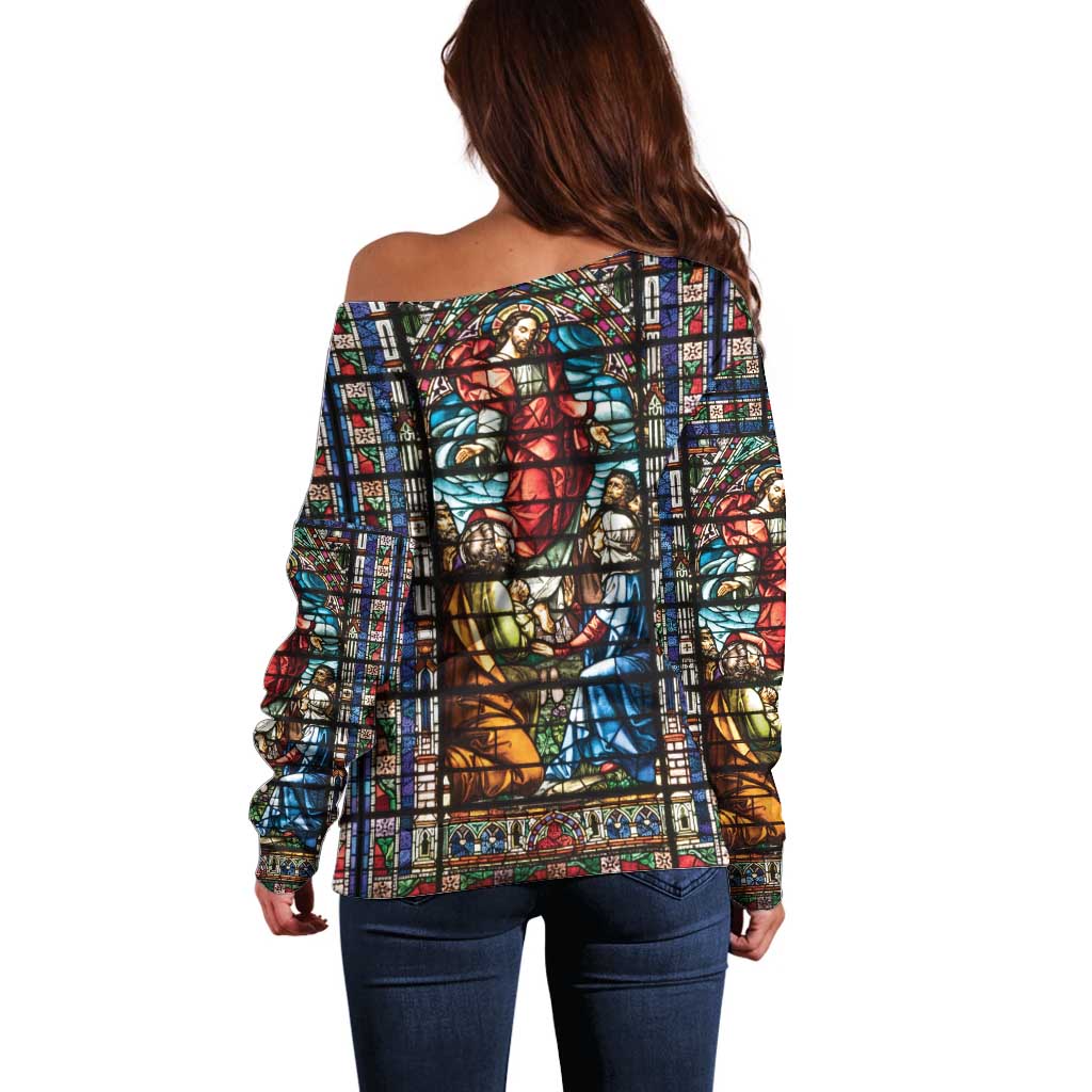 Happy Ascension Day Off Shoulder Sweater Faith and Religion Stained Glass Windows