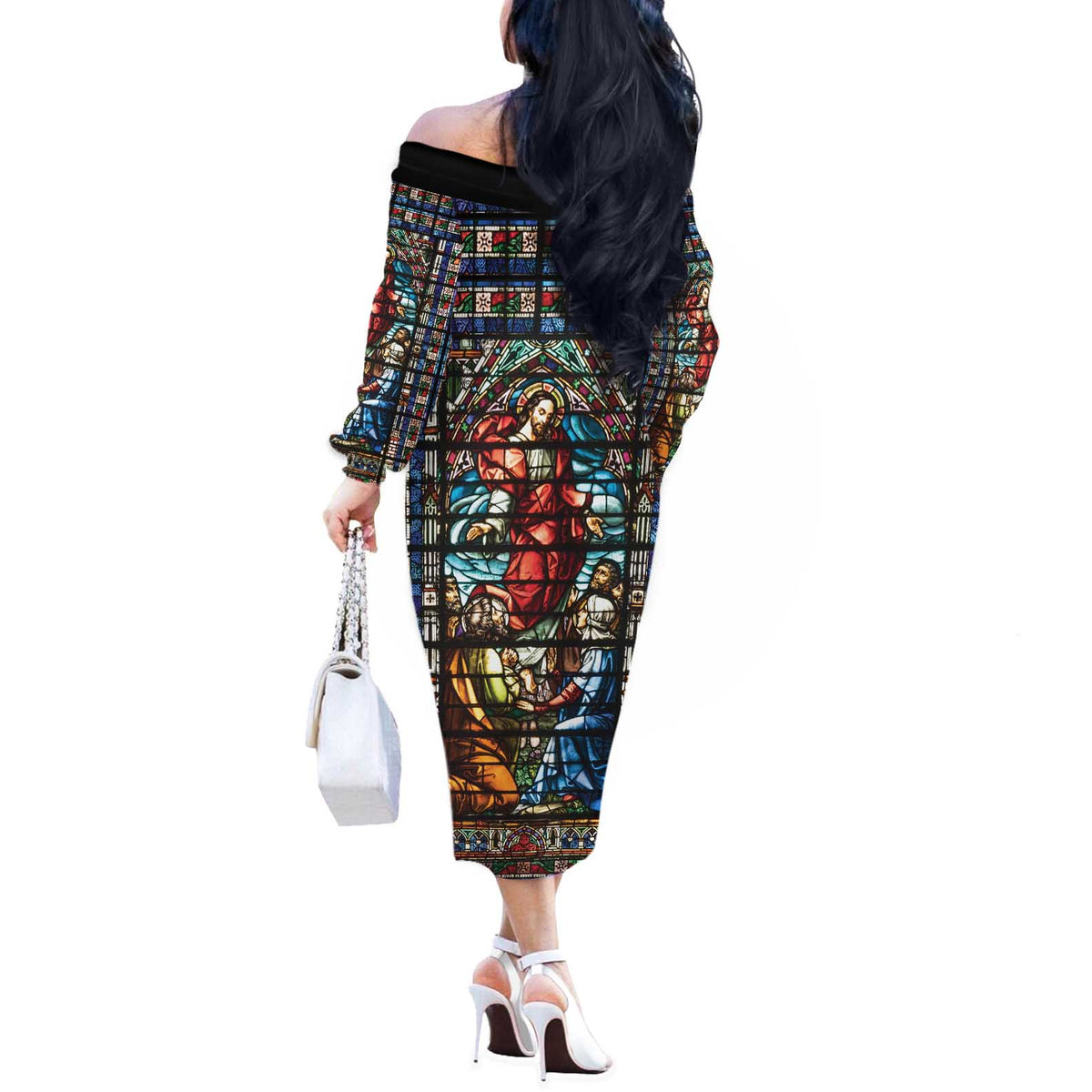 Happy Ascension Day Off The Shoulder Long Sleeve Dress Faith and Religion Stained Glass Windows
