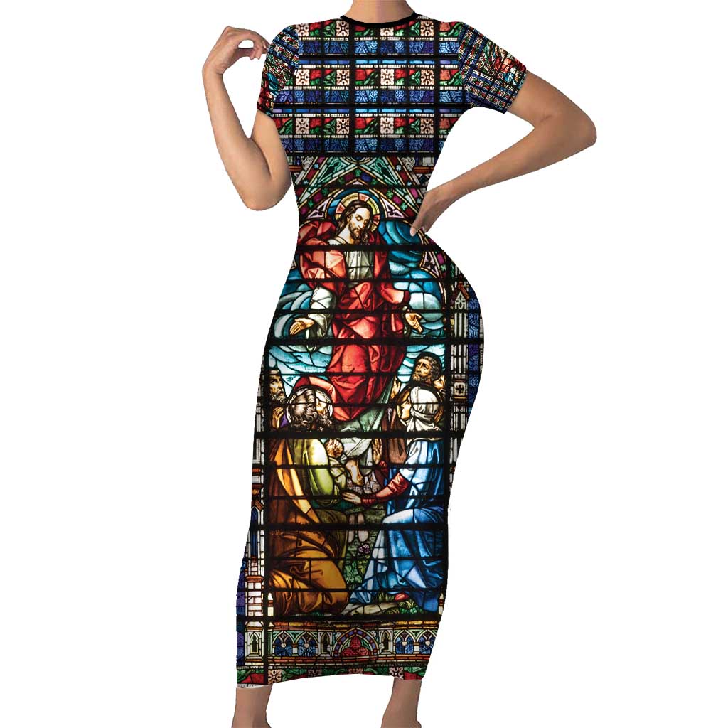 Happy Ascension Day Short Sleeve Bodycon Dress Faith and Religion Stained Glass Windows