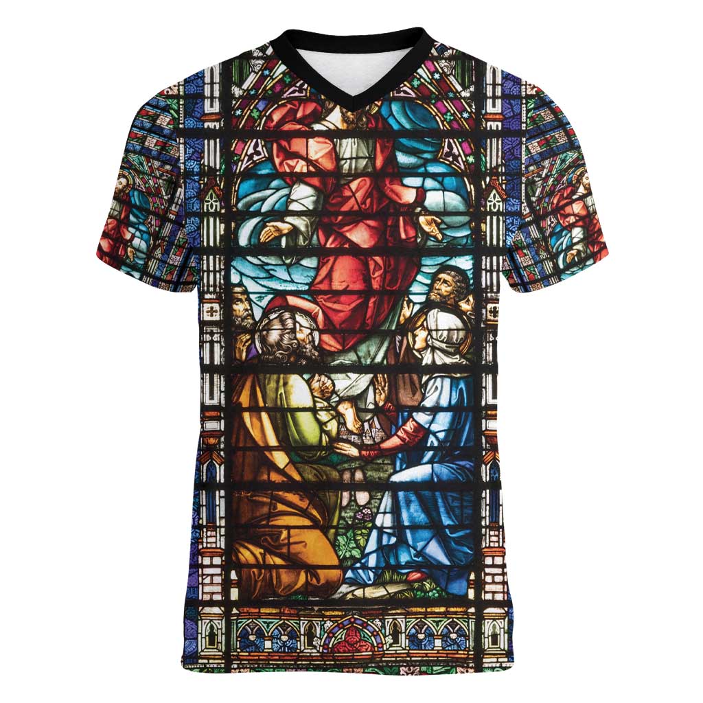Happy Ascension Day Women V-Neck T-Shirt Faith and Religion Stained Glass Windows