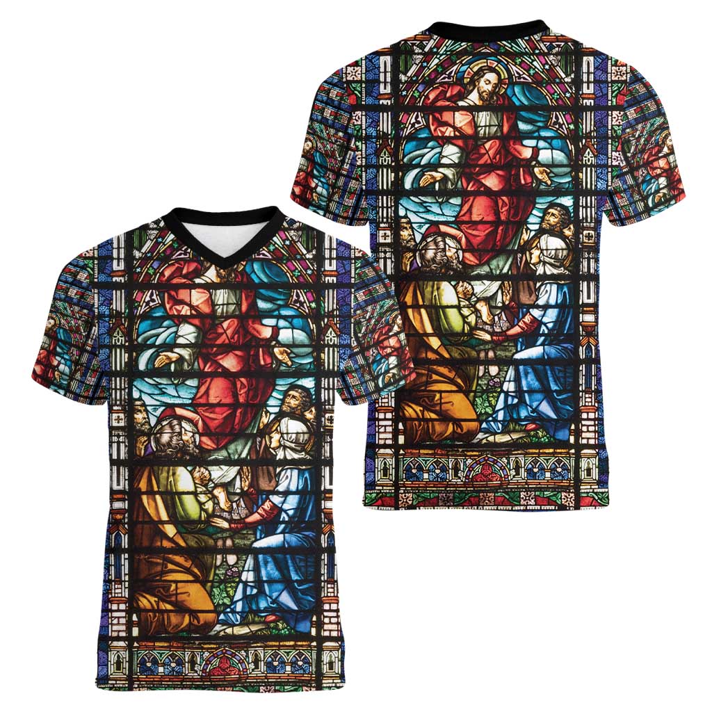 Happy Ascension Day Women V-Neck T-Shirt Faith and Religion Stained Glass Windows