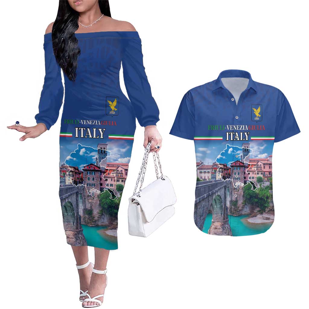 Friuli-Venezia Giulia Italy Couples Matching Off The Shoulder Long Sleeve Dress and Hawaiian Shirt Cividale del Friuli