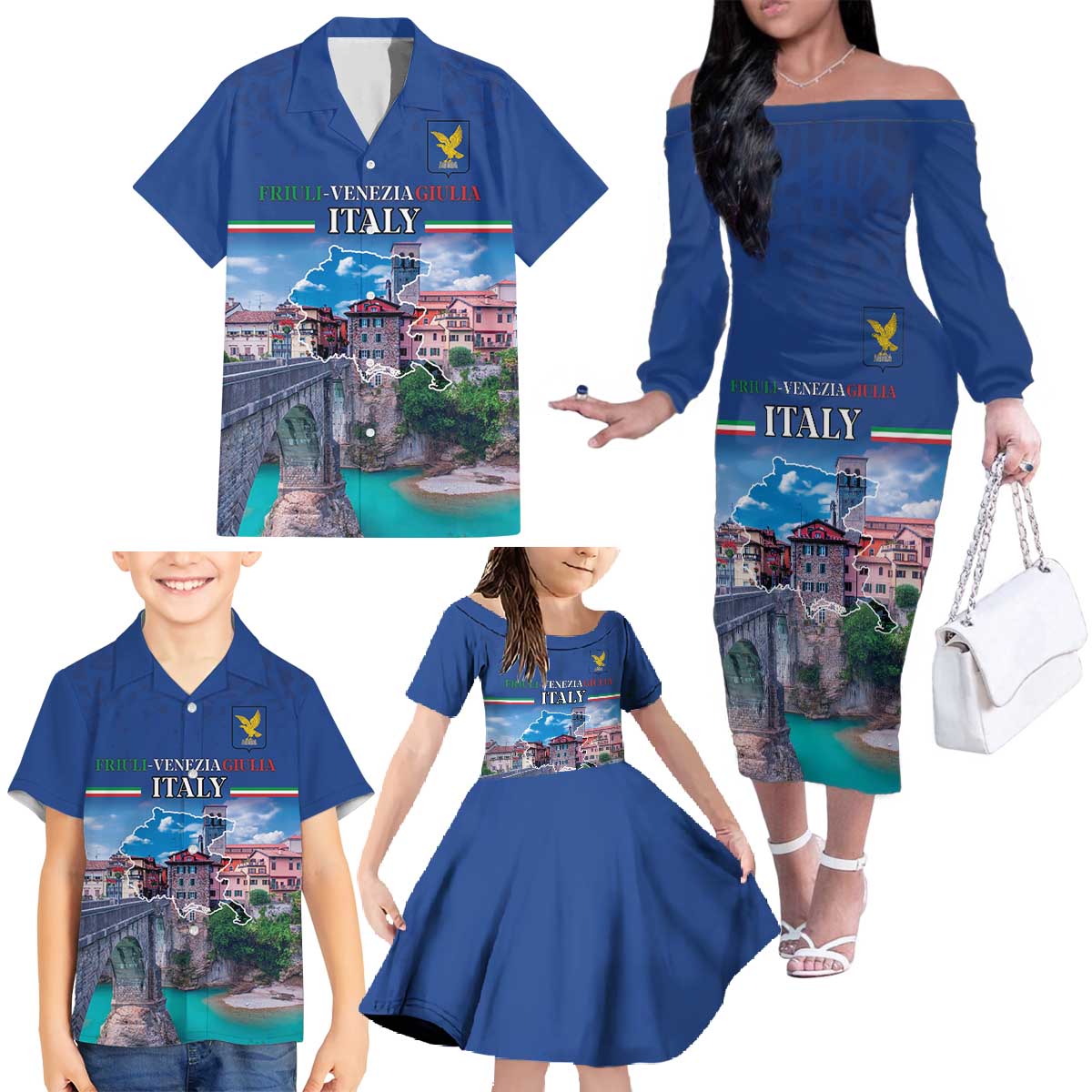 Friuli-Venezia Giulia Italy Family Matching Off The Shoulder Long Sleeve Dress and Hawaiian Shirt Cividale del Friuli