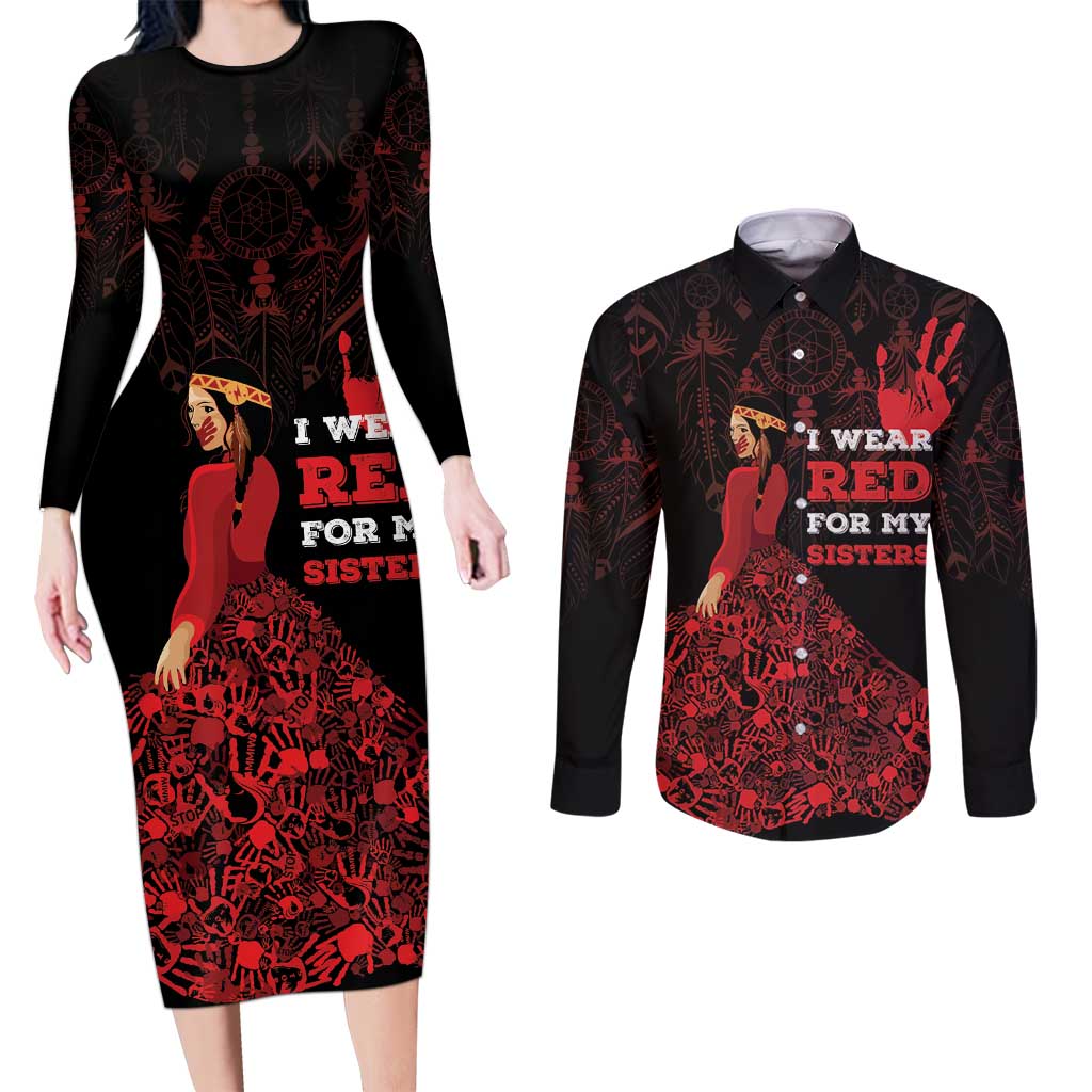 MMIW Native American Red Hand Couples Matching Long Sleeve Bodycon Dress and Long Sleeve Button Shirt I Wear Red For My Sisters