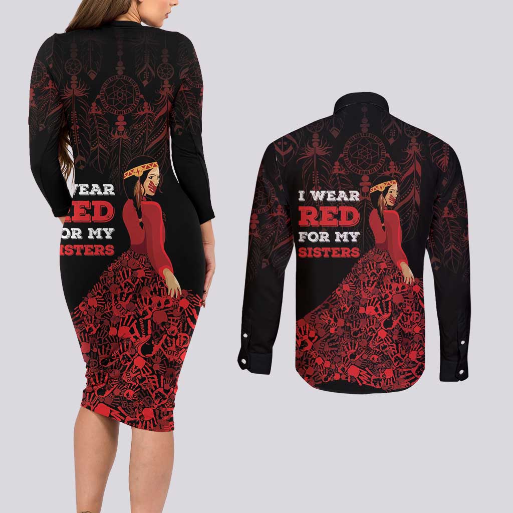 MMIW Native American Red Hand Couples Matching Long Sleeve Bodycon Dress and Long Sleeve Button Shirt I Wear Red For My Sisters