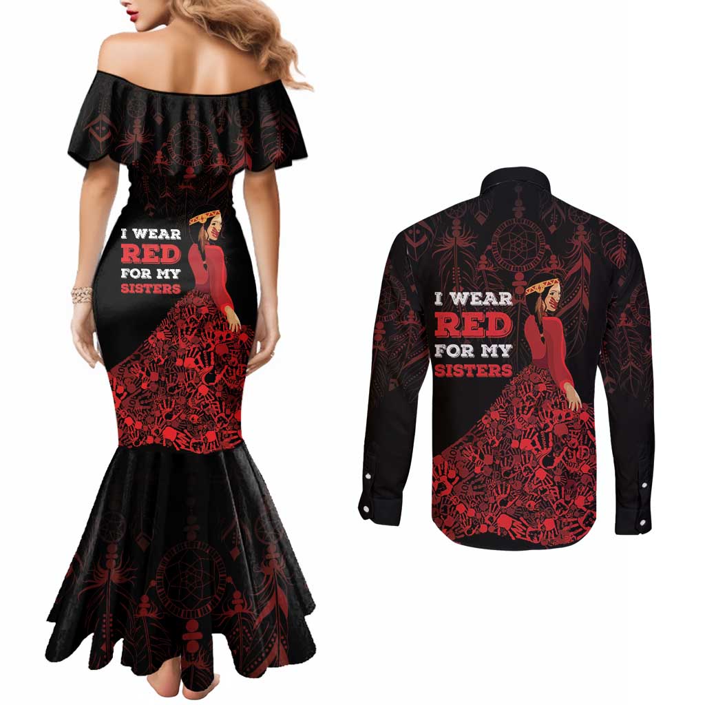 MMIW Native American Red Hand Couples Matching Mermaid Dress and Long Sleeve Button Shirt I Wear Red For My Sisters