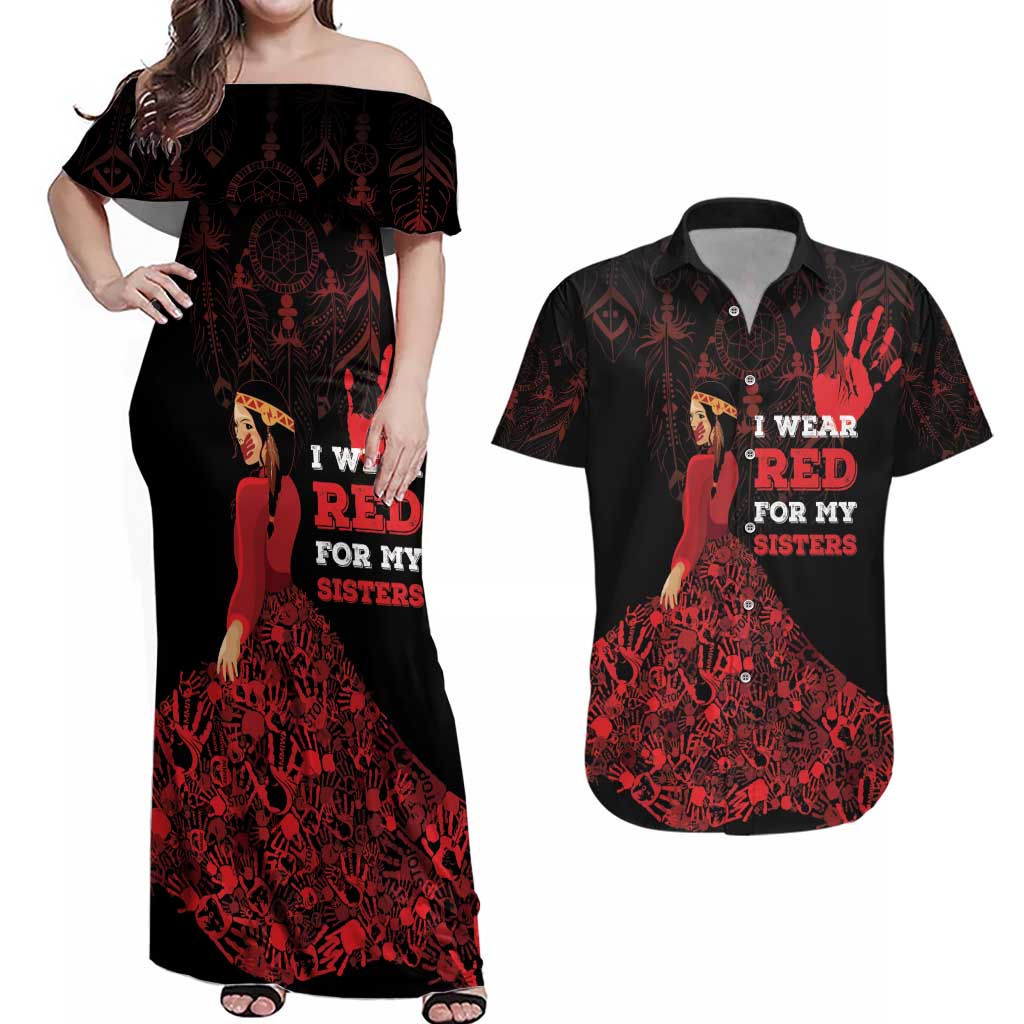 MMIW Native American Red Hand Couples Matching Off Shoulder Maxi Dress and Hawaiian Shirt I Wear Red For My Sisters