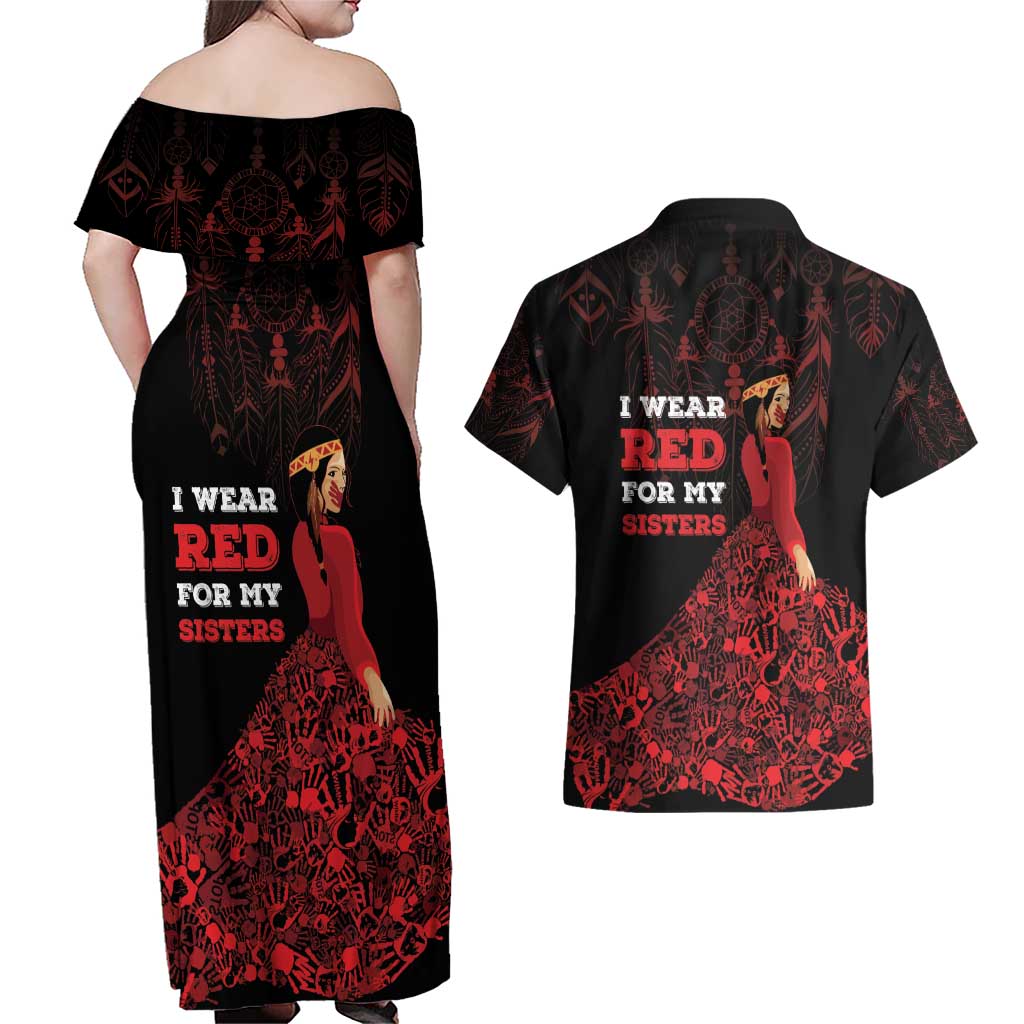 MMIW Native American Red Hand Couples Matching Off Shoulder Maxi Dress and Hawaiian Shirt I Wear Red For My Sisters