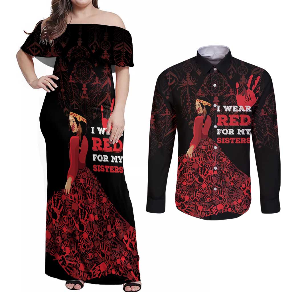 MMIW Native American Red Hand Couples Matching Off Shoulder Maxi Dress and Long Sleeve Button Shirt I Wear Red For My Sisters