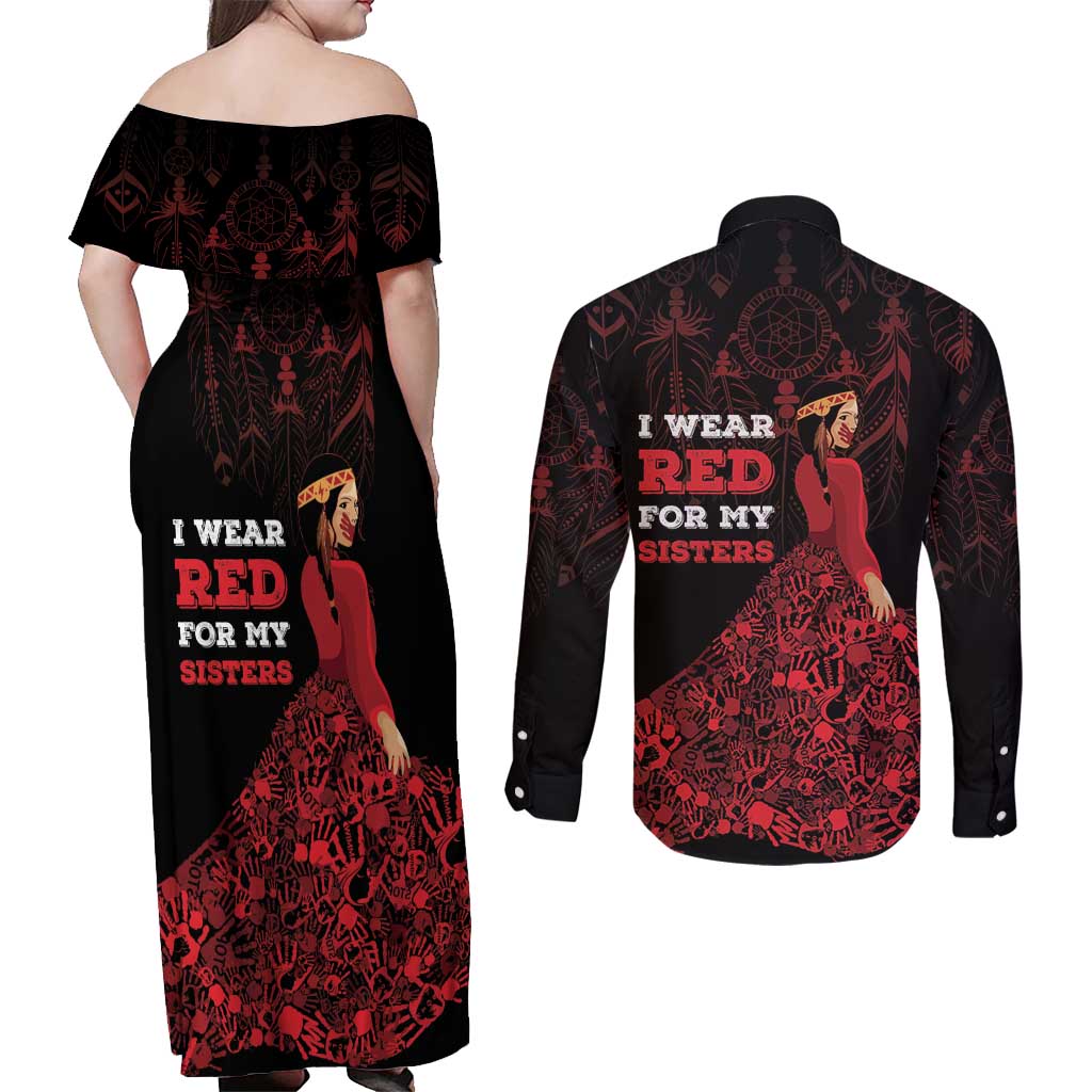 MMIW Native American Red Hand Couples Matching Off Shoulder Maxi Dress and Long Sleeve Button Shirt I Wear Red For My Sisters