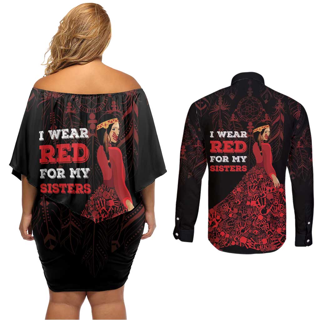 MMIW Native American Red Hand Couples Matching Off Shoulder Short Dress and Long Sleeve Button Shirt I Wear Red For My Sisters