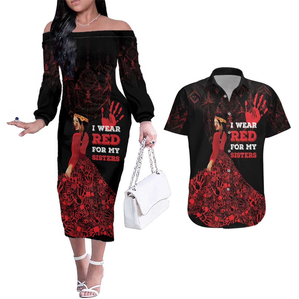 MMIW Native American Red Hand Couples Matching Off The Shoulder Long Sleeve Dress and Hawaiian Shirt I Wear Red For My Sisters