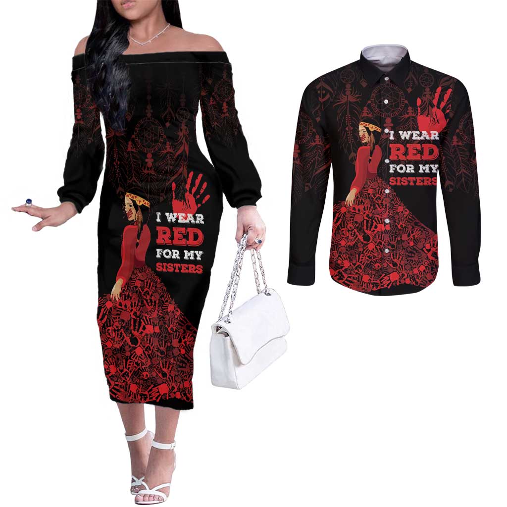 MMIW Native American Red Hand Couples Matching Off The Shoulder Long Sleeve Dress and Long Sleeve Button Shirt I Wear Red For My Sisters