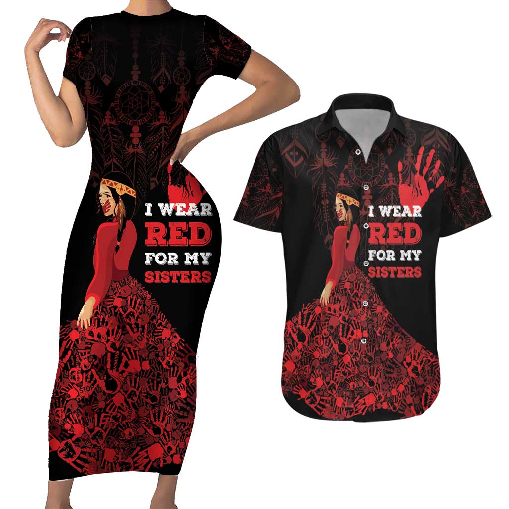 MMIW Native American Red Hand Couples Matching Short Sleeve Bodycon Dress and Hawaiian Shirt I Wear Red For My Sisters