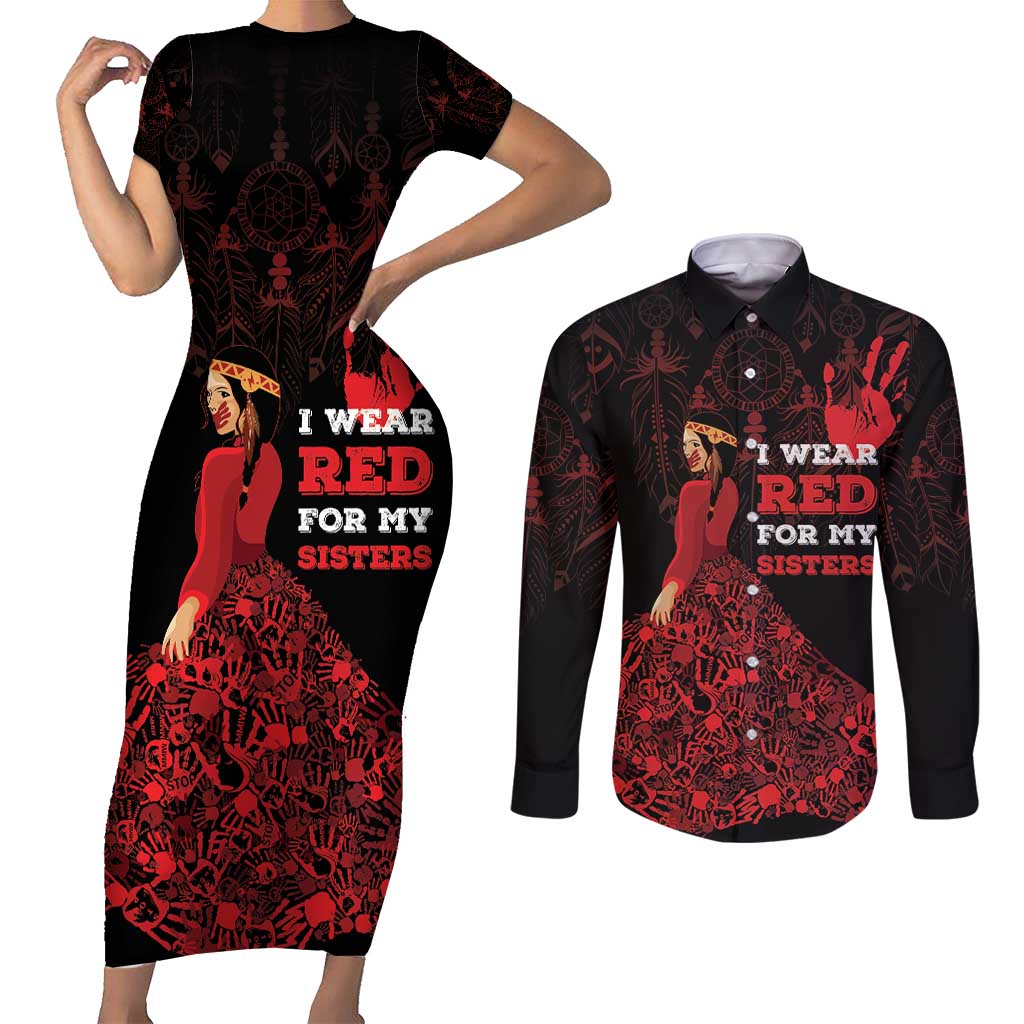 MMIW Native American Red Hand Couples Matching Short Sleeve Bodycon Dress and Long Sleeve Button Shirt I Wear Red For My Sisters