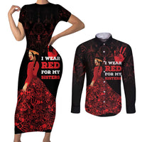 MMIW Native American Red Hand Couples Matching Short Sleeve Bodycon Dress and Long Sleeve Button Shirt I Wear Red For My Sisters