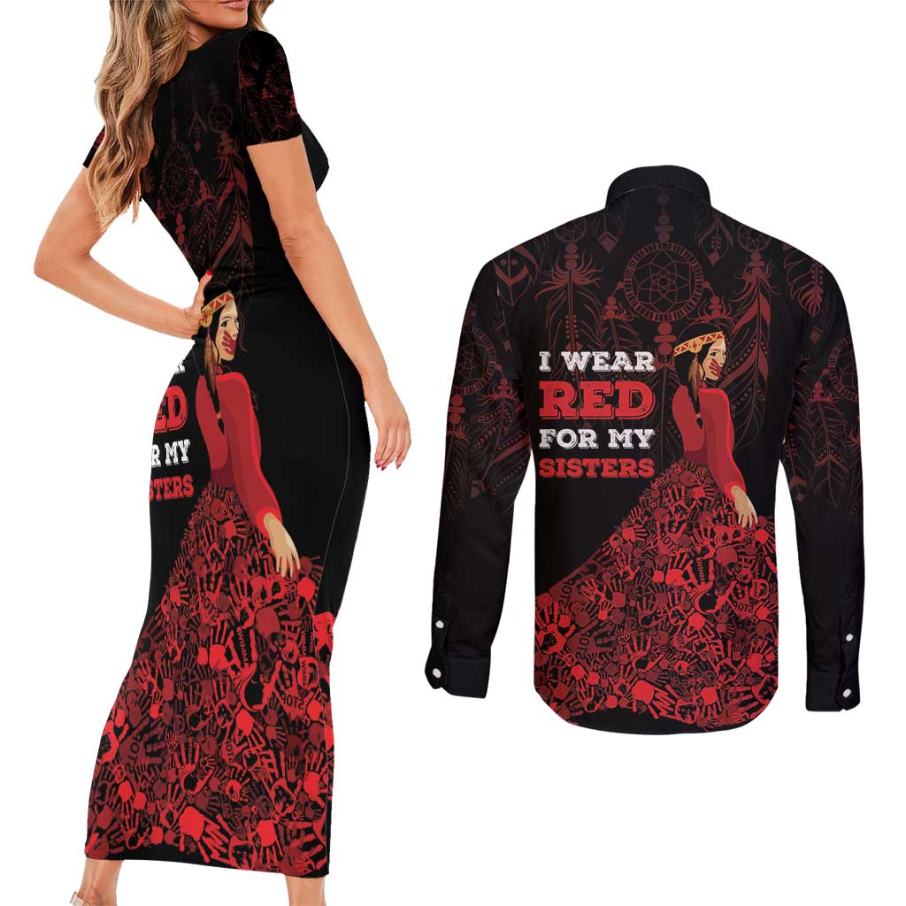 MMIW Native American Red Hand Couples Matching Short Sleeve Bodycon Dress and Long Sleeve Button Shirt I Wear Red For My Sisters