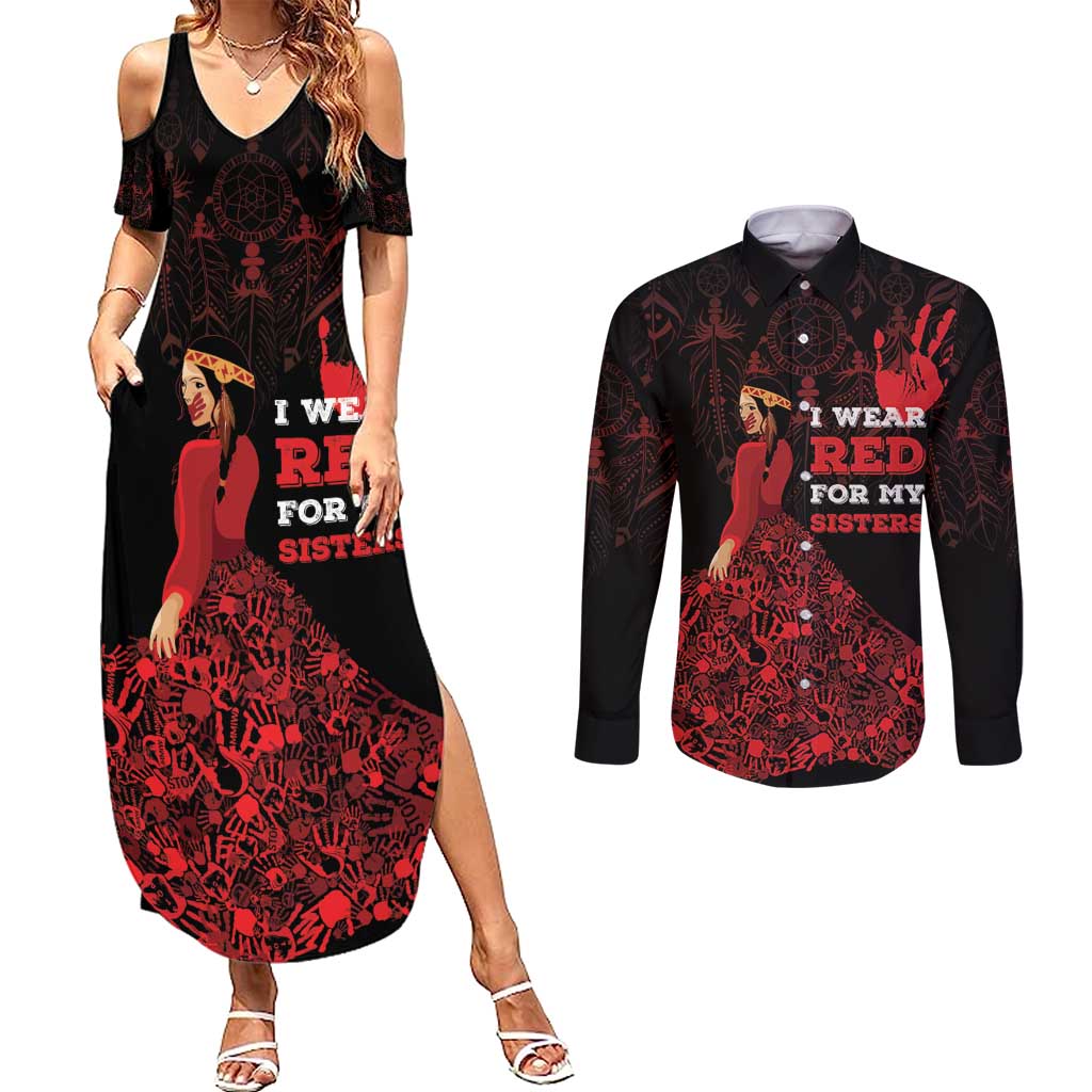 MMIW Native American Red Hand Couples Matching Summer Maxi Dress and Long Sleeve Button Shirt I Wear Red For My Sisters