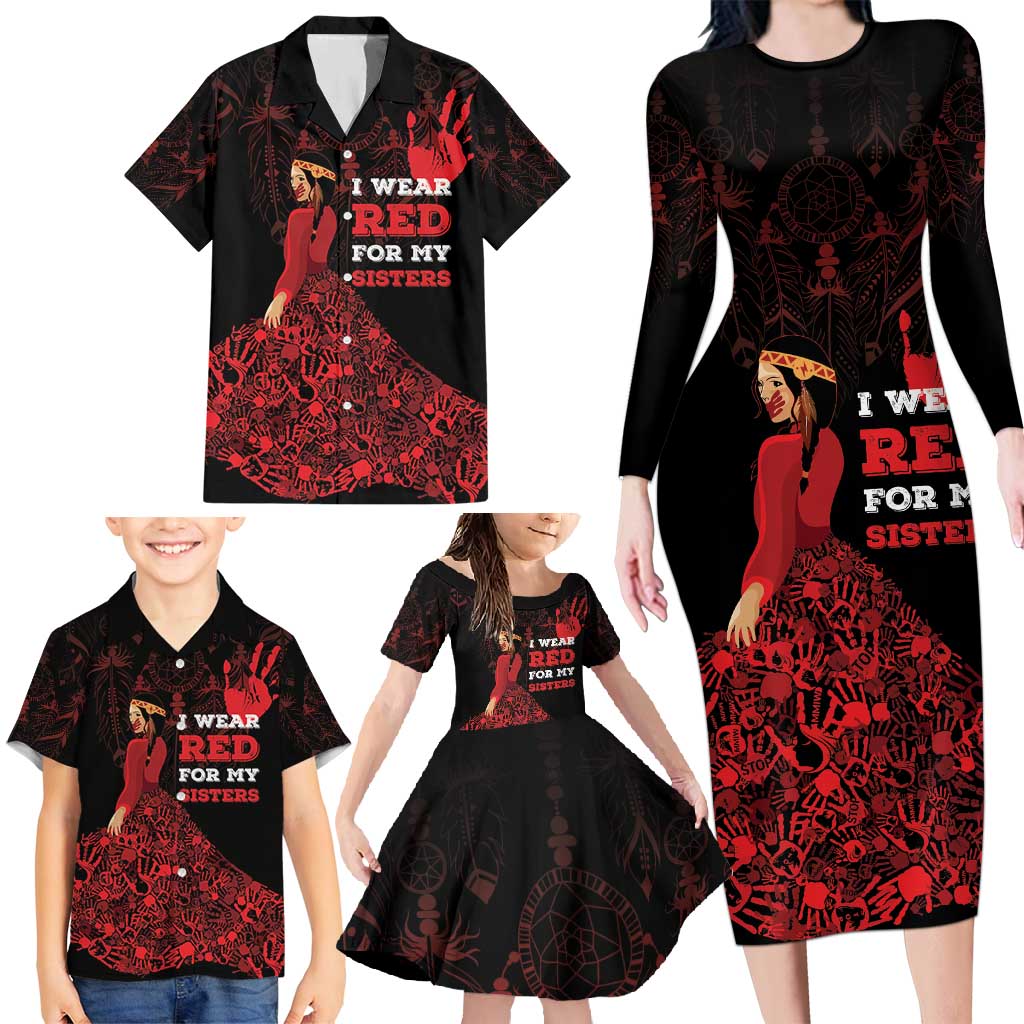 MMIW Native American Red Hand Family Matching Long Sleeve Bodycon Dress and Hawaiian Shirt I Wear Red For My Sisters