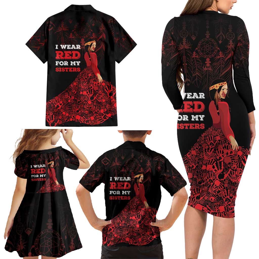 MMIW Native American Red Hand Family Matching Long Sleeve Bodycon Dress and Hawaiian Shirt I Wear Red For My Sisters