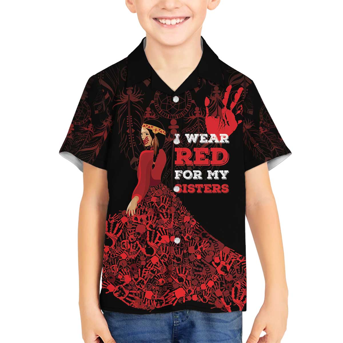 MMIW Native American Red Hand Family Matching Off The Shoulder Long Sleeve Dress and Hawaiian Shirt I Wear Red For My Sisters