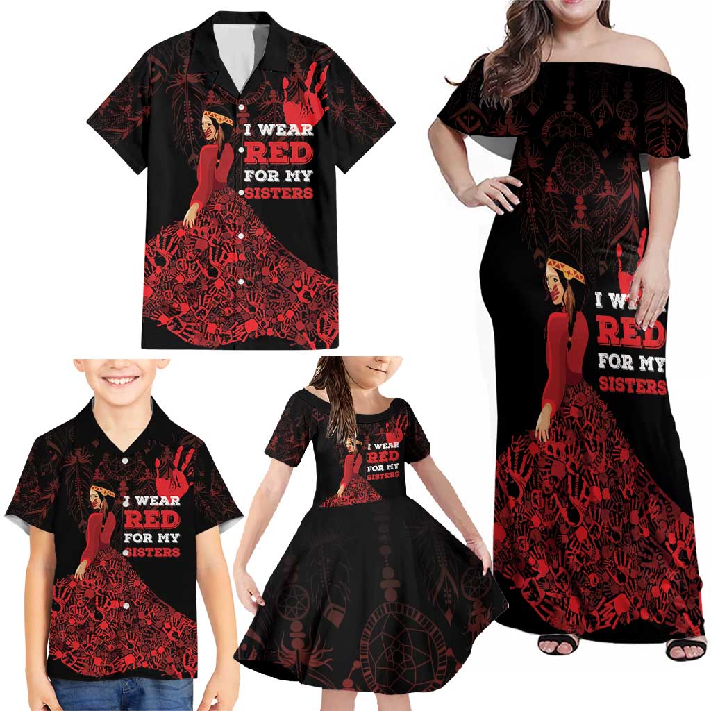 MMIW Native American Red Hand Family Matching Off Shoulder Maxi Dress and Hawaiian Shirt I Wear Red For My Sisters