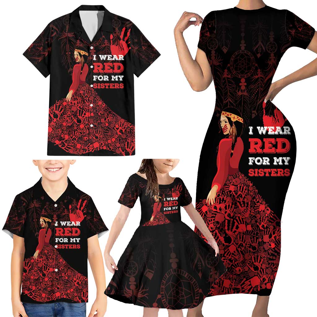 MMIW Native American Red Hand Family Matching Short Sleeve Bodycon Dress and Hawaiian Shirt I Wear Red For My Sisters