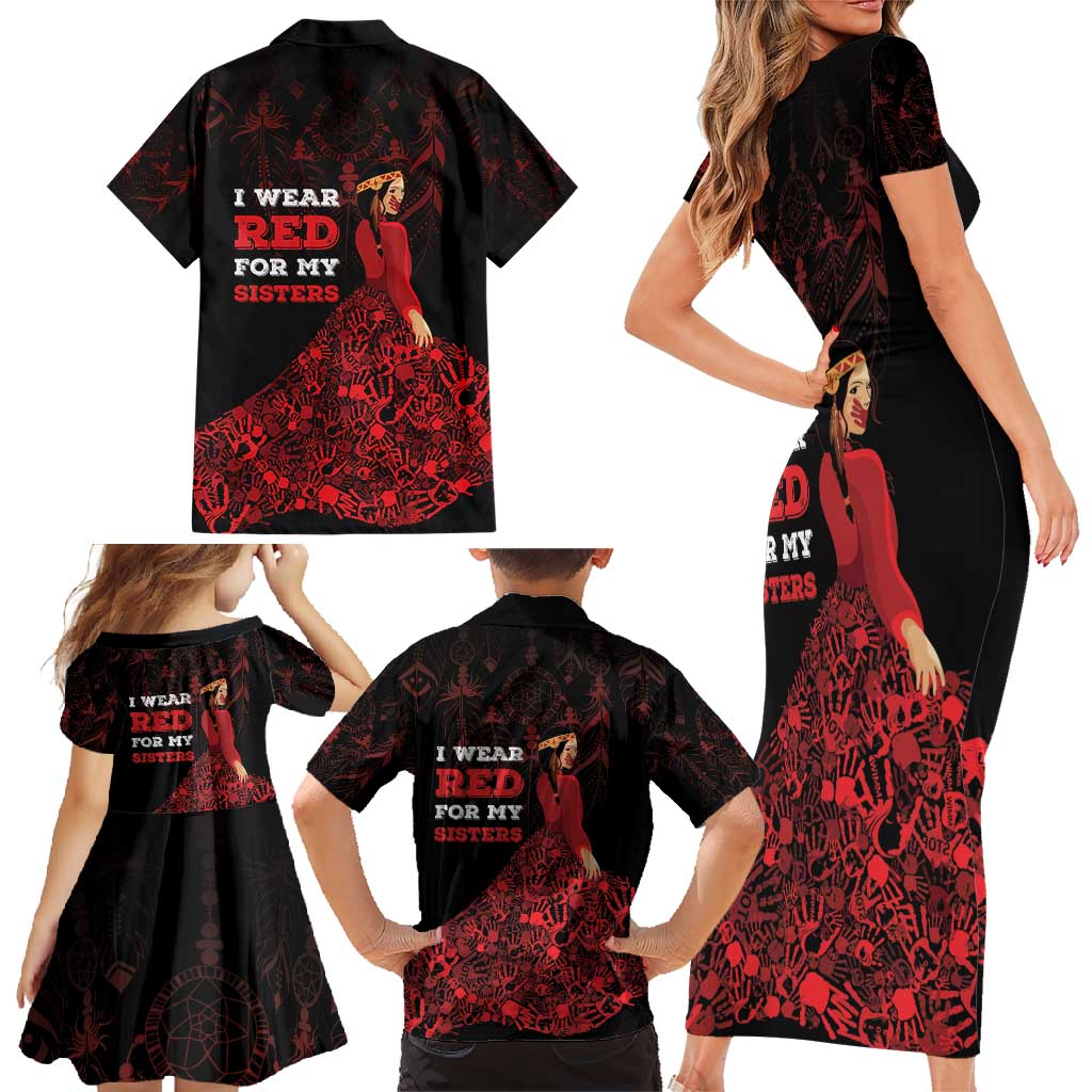 MMIW Native American Red Hand Family Matching Short Sleeve Bodycon Dress and Hawaiian Shirt I Wear Red For My Sisters