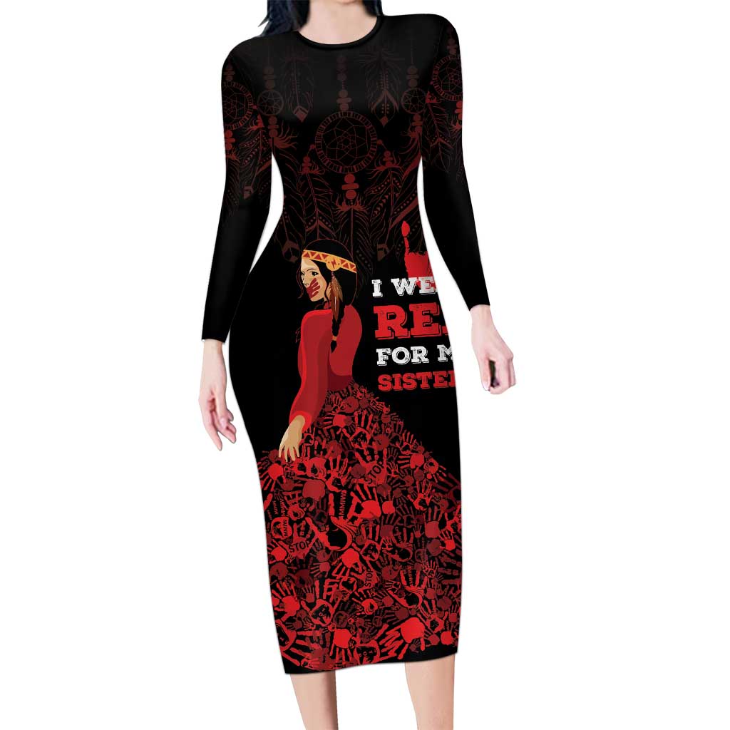 MMIW Native American Red Hand Long Sleeve Bodycon Dress I Wear Red For My Sisters