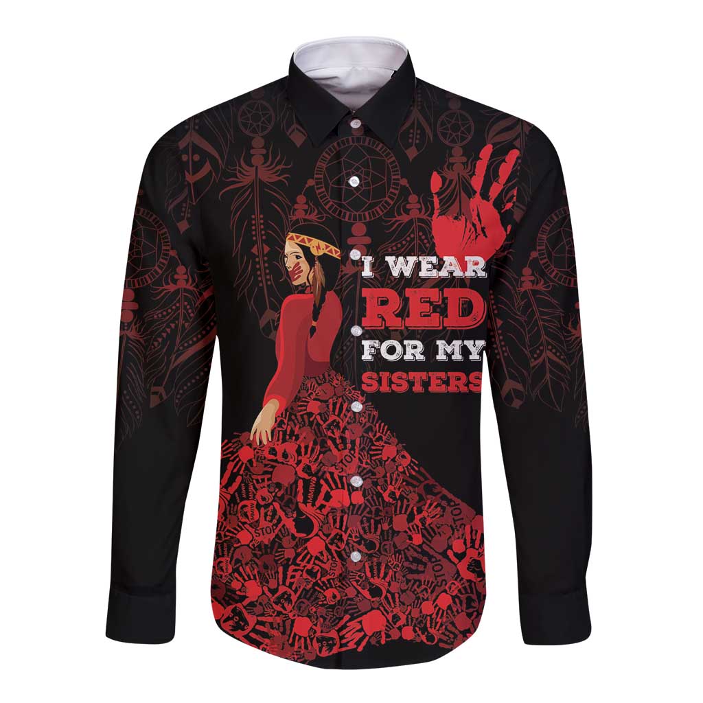 MMIW Native American Red Hand Long Sleeve Button Shirt I Wear Red For My Sisters