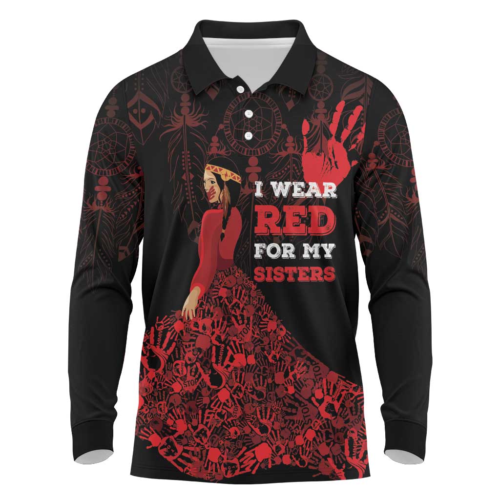 MMIW Native American Red Hand Long Sleeve Polo Shirt I Wear Red For My Sisters