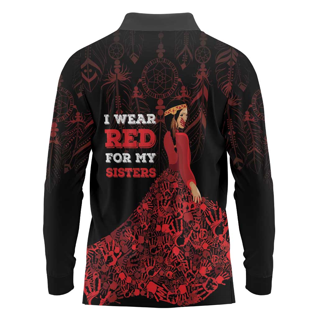 MMIW Native American Red Hand Long Sleeve Polo Shirt I Wear Red For My Sisters