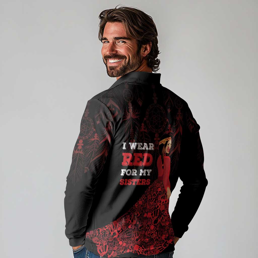 MMIW Native American Red Hand Long Sleeve Polo Shirt I Wear Red For My Sisters