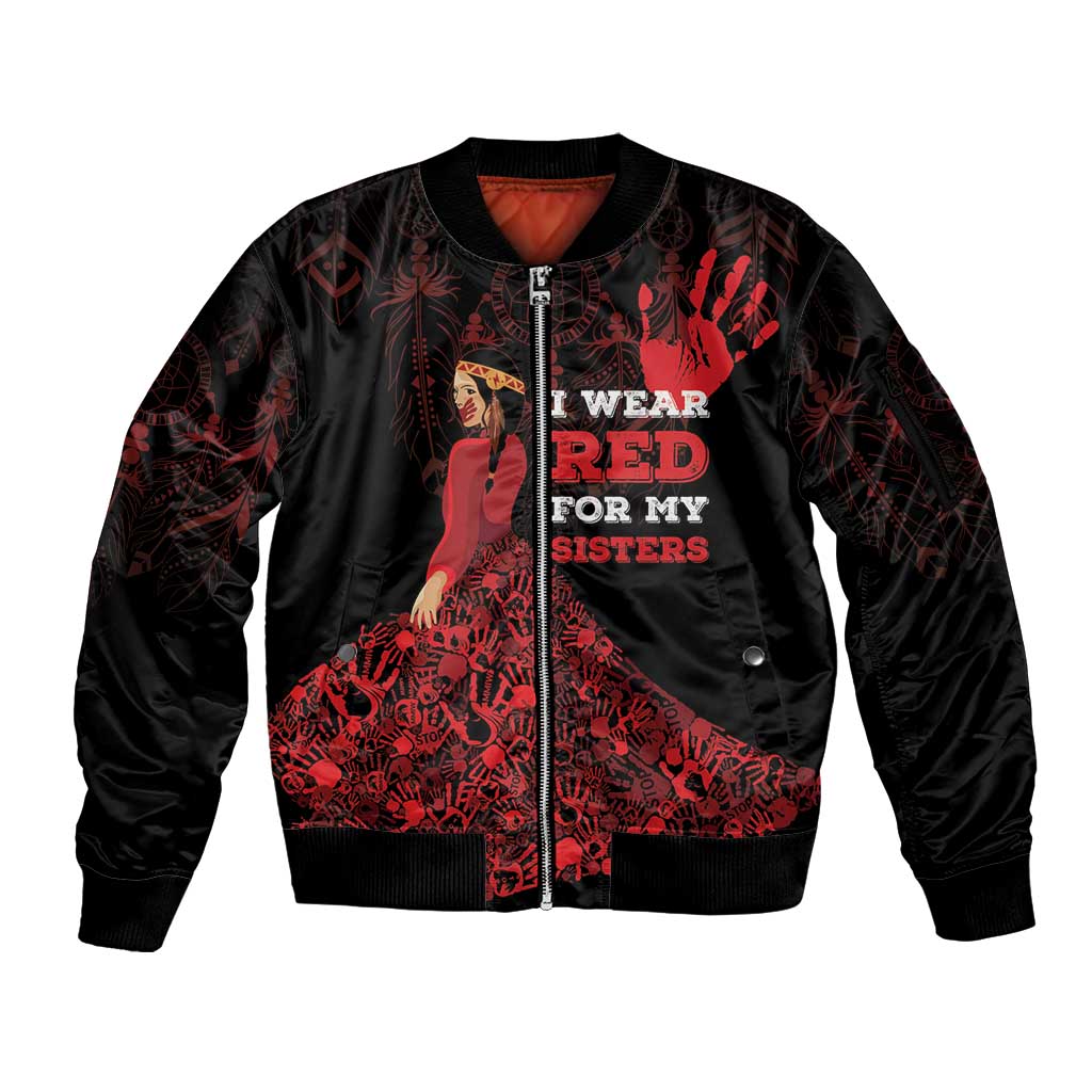 MMIW Native American Red Hand Sleeve Zip Bomber Jacket I Wear Red For My Sisters