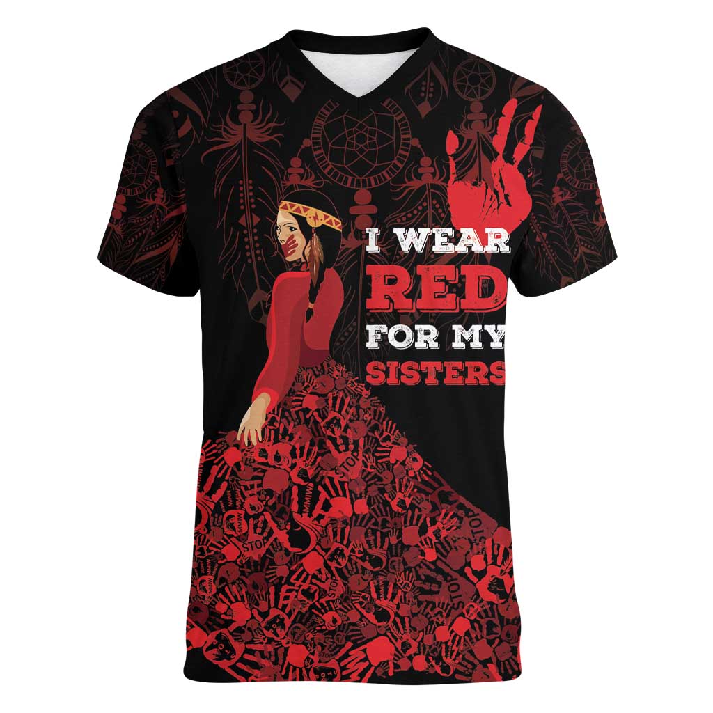 MMIW Native American Red Hand Women V-Neck T-Shirt I Wear Red For My Sisters