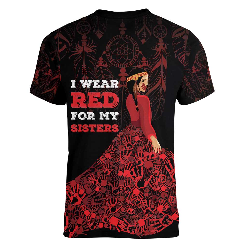 MMIW Native American Red Hand Women V-Neck T-Shirt I Wear Red For My Sisters