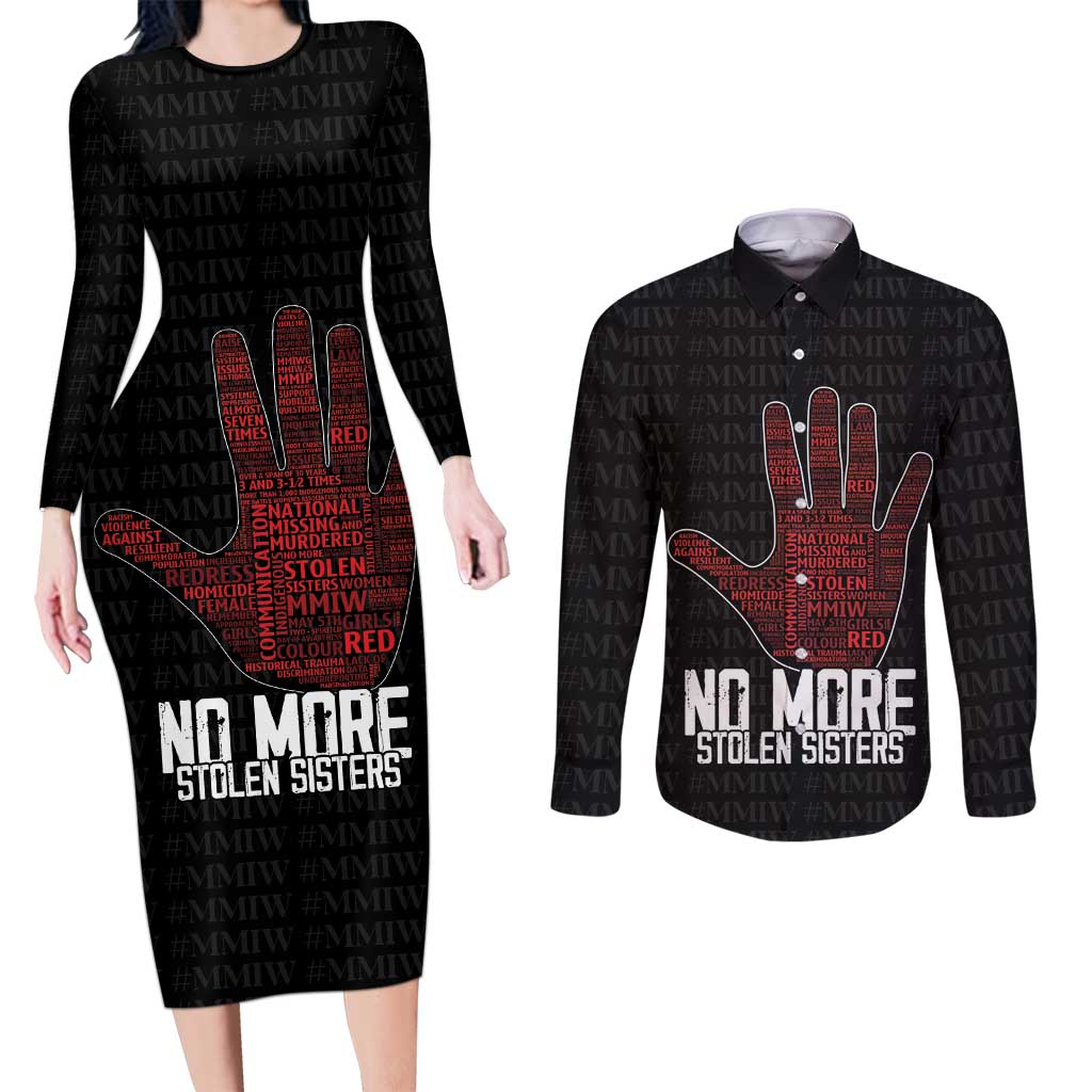 MMIW Awareness Day Couples Matching Long Sleeve Bodycon Dress and Long Sleeve Button Shirt No More Stolen Sisters
