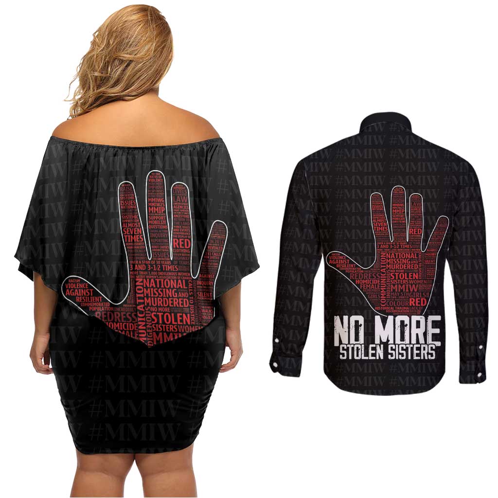 MMIW Awareness Day Couples Matching Off Shoulder Short Dress and Long Sleeve Button Shirt No More Stolen Sisters