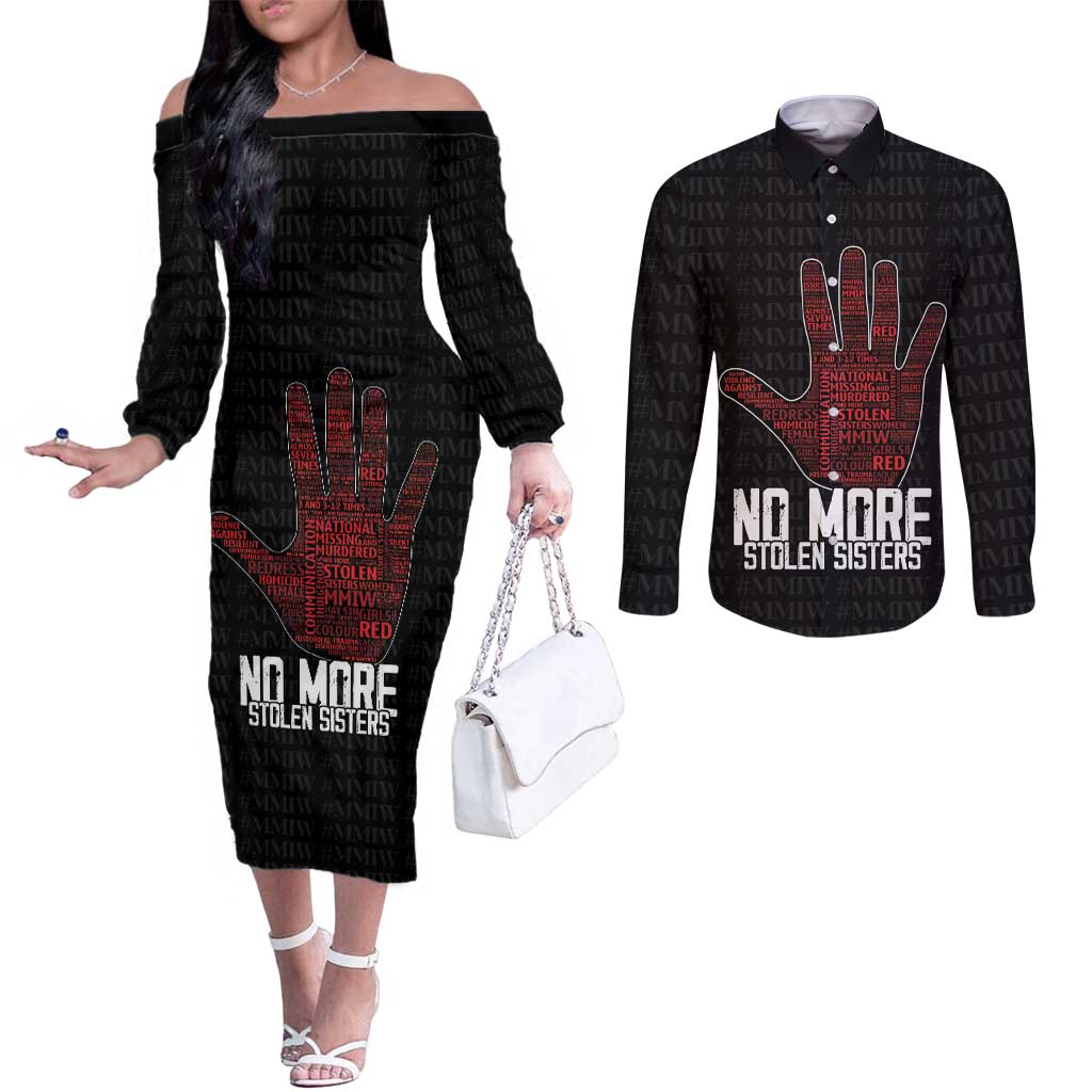MMIW Awareness Day Couples Matching Off The Shoulder Long Sleeve Dress and Long Sleeve Button Shirt No More Stolen Sisters