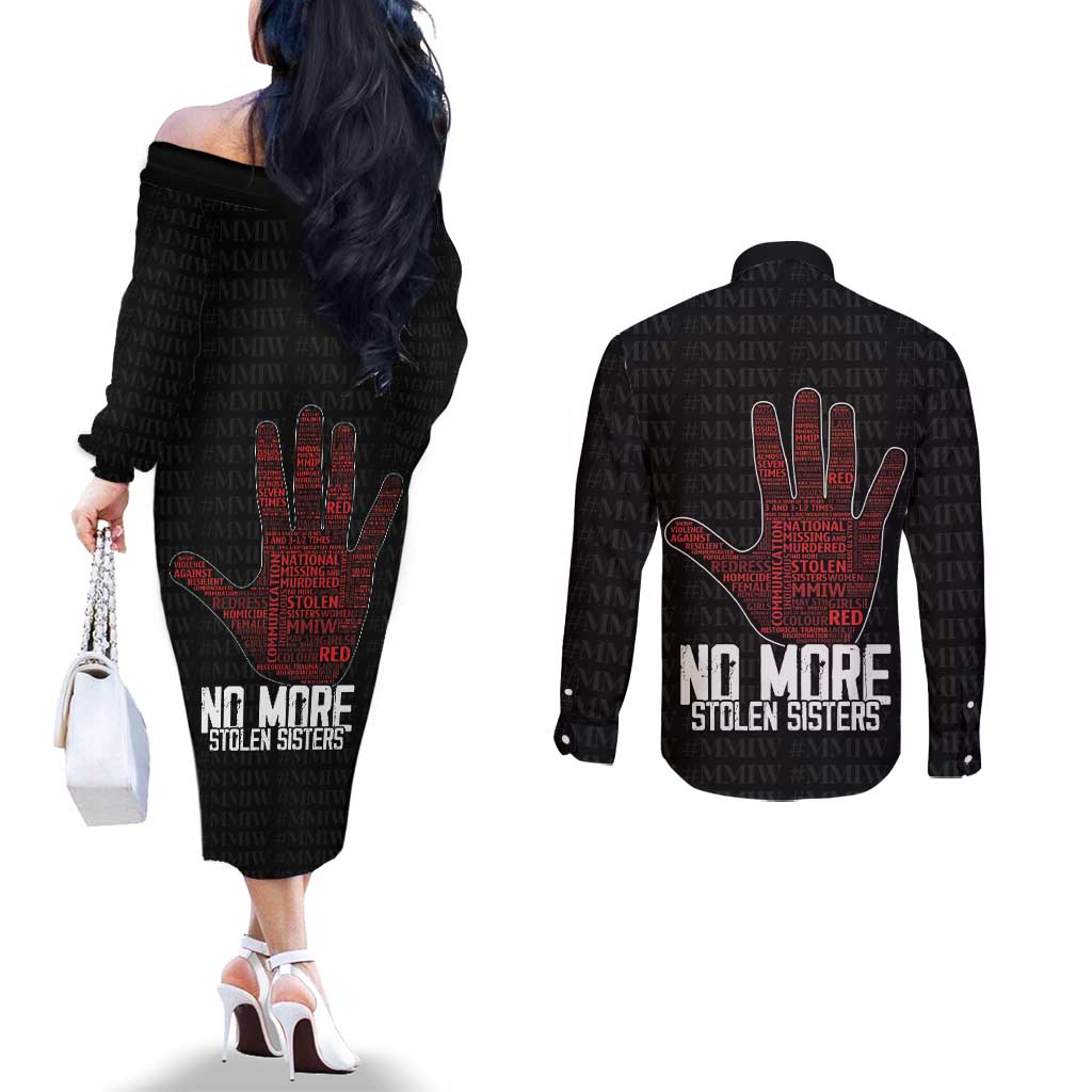 MMIW Awareness Day Couples Matching Off The Shoulder Long Sleeve Dress and Long Sleeve Button Shirt No More Stolen Sisters