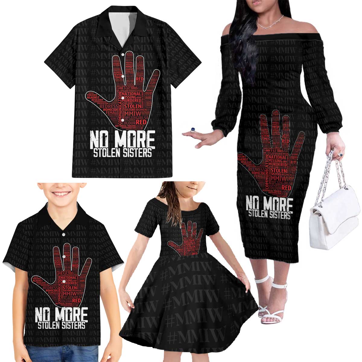 MMIW Awareness Day Family Matching Off The Shoulder Long Sleeve Dress and Hawaiian Shirt No More Stolen Sisters