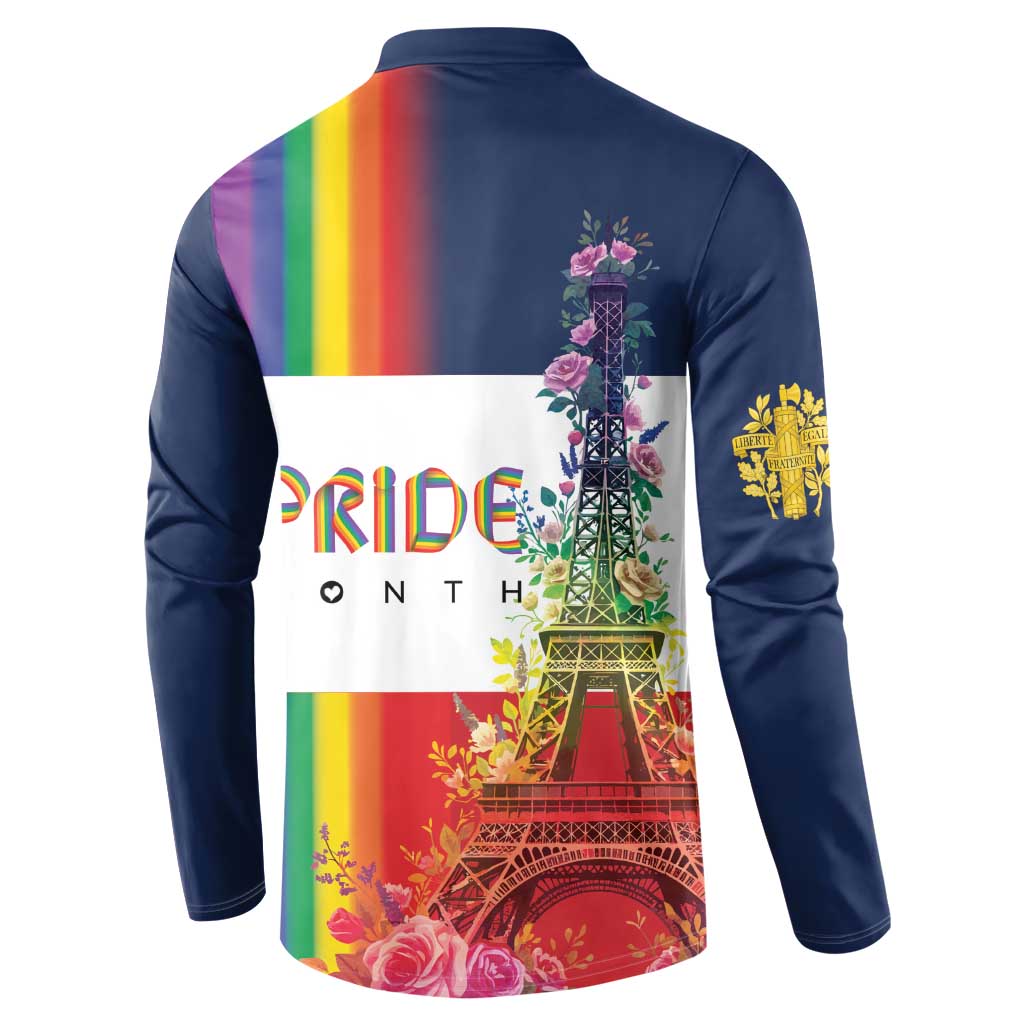 LGBTQ Pride Month Gay Button Sweatshirt Eiffel Tower Paris Rainbow Flag
