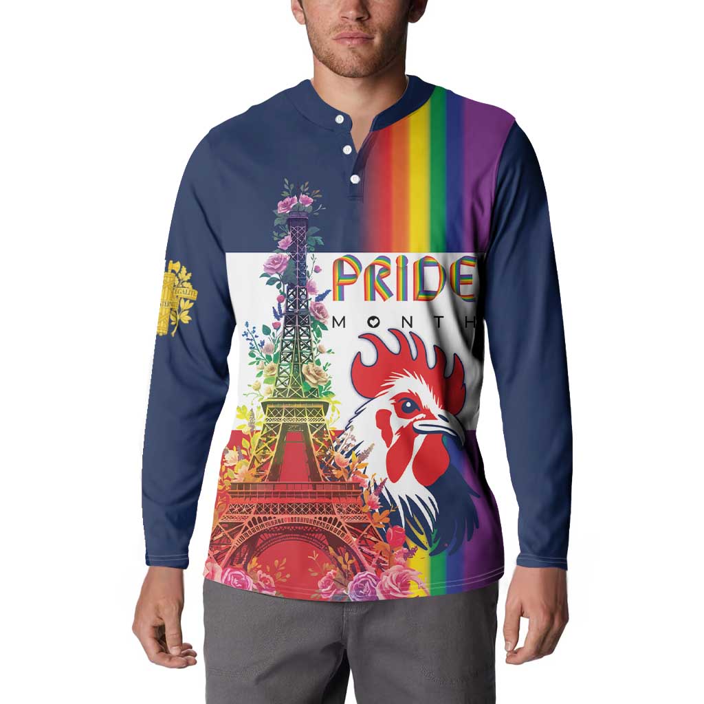LGBTQ Pride Month Gay Button Sweatshirt Eiffel Tower Paris Rainbow Flag