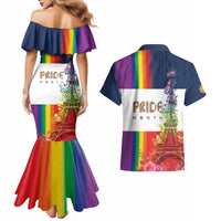 LGBTQ Pride Month Gay Couples Matching Mermaid Dress and Hawaiian Shirt Eiffel Tower Paris Rainbow Flag