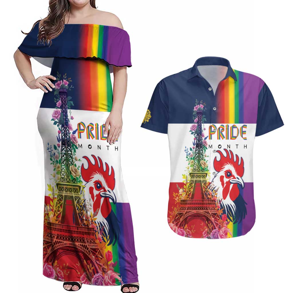 LGBTQ Pride Month Gay Couples Matching Off Shoulder Maxi Dress and Hawaiian Shirt Eiffel Tower Paris Rainbow Flag