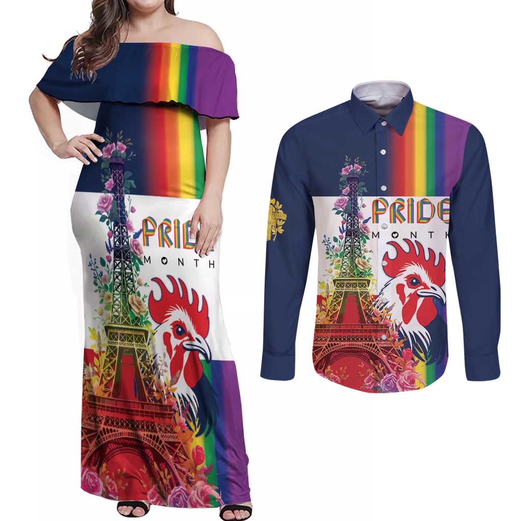 LGBTQ Pride Month Gay Couples Matching Off Shoulder Maxi Dress and Long Sleeve Button Shirt Eiffel Tower Paris Rainbow Flag