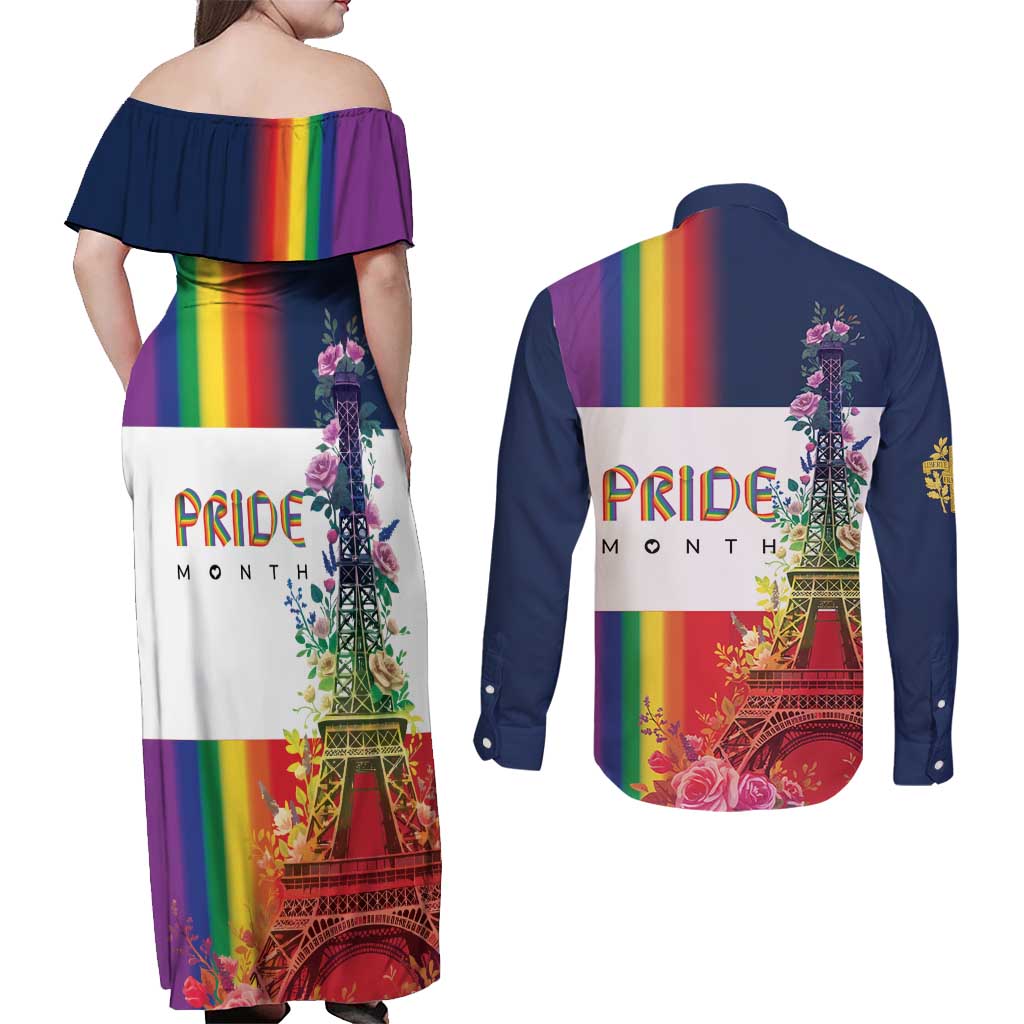 LGBTQ Pride Month Gay Couples Matching Off Shoulder Maxi Dress and Long Sleeve Button Shirt Eiffel Tower Paris Rainbow Flag