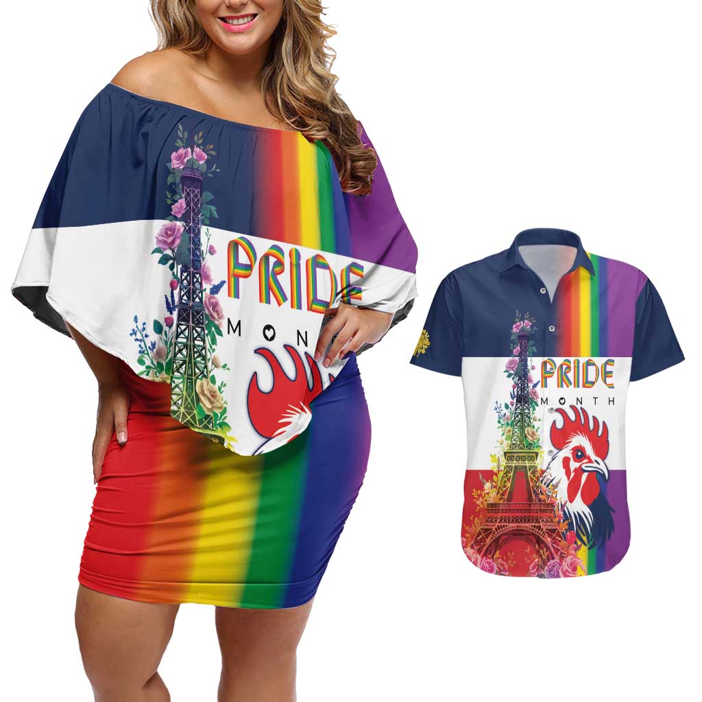 LGBTQ Pride Month Gay Couples Matching Off Shoulder Short Dress and Hawaiian Shirt Eiffel Tower Paris Rainbow Flag