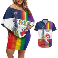 LGBTQ Pride Month Gay Couples Matching Off Shoulder Short Dress and Hawaiian Shirt Eiffel Tower Paris Rainbow Flag
